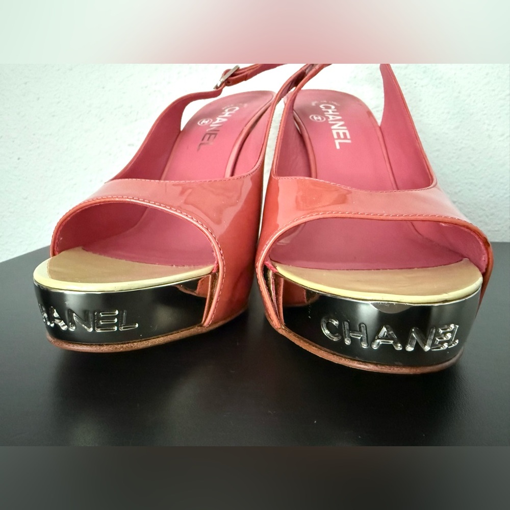 Chanel Patent Leather Platform Slingback Heels Open Toe Sandals - Picture 2 of 14